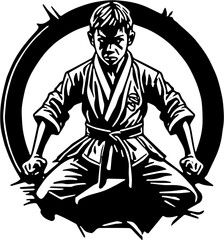 Karate kid emblem logo in black and white, vector illustration of a martial artist 