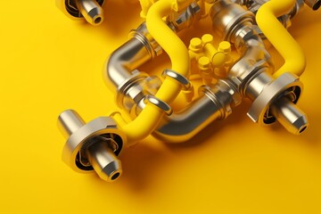 Steel pipes with shut-off valves on yellow background in 3D rendering. Tangled pipes symbolize industrialization. Generative AI