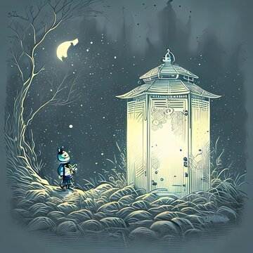 A boy holding a lantern looking at a big lantern in the mythical forest at night. Digital art style with AI Generated.