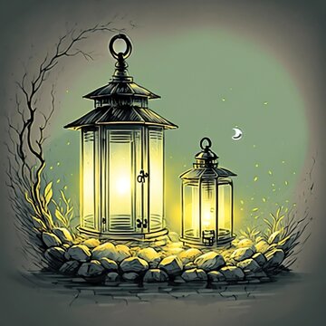 Two lanterns in the night, used for Ramadan Kareem greeting card, with AI Generated. Holiday invitations templates with lantern