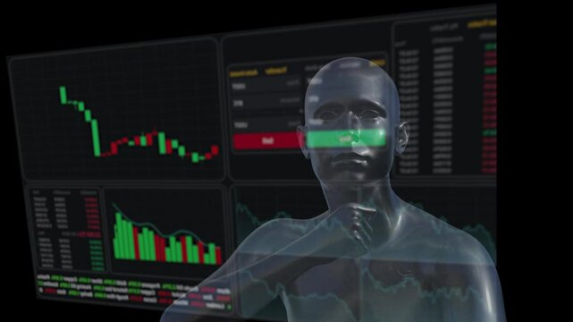 3d render. White robot studying stock charts on a virtual screen. 