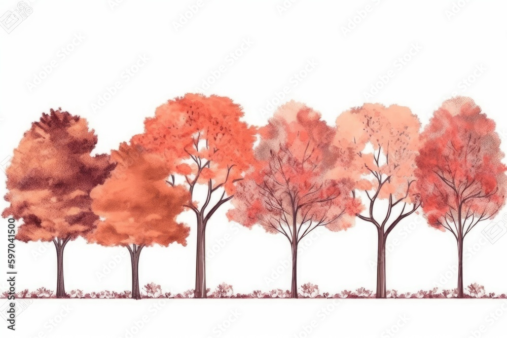 Poster colorful autumn forest with trees displaying orange and red leaves in a row. generative ai