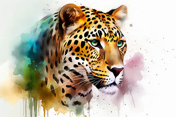 Watercolor painting of leopard on white background. hand drawn illustration. Generative AI