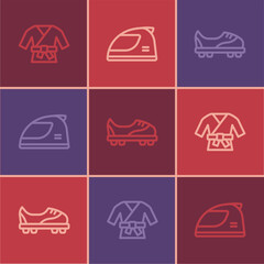 Set line Kimono, Football shoes and Racing helmet icon. Vector