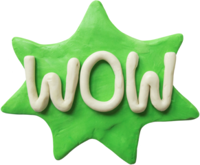 Wow. Handmade plasticine lettering on green speech bubble. Modelling clay.