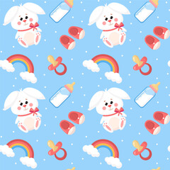 Vector seamless baby pattern, backdrop for wallpaper, print, textile, fabric, wrapping. Baby bottle, booties, rainbow, cute bunny on blue background. Baby shower, newborn concept