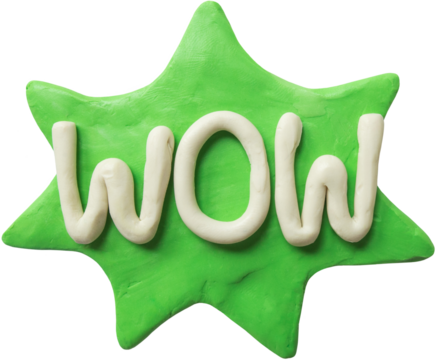 Wow. Handmade plasticine lettering on green speech bubble. Modelling clay.