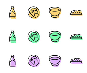 Set line Soy sauce in bowl, bottle, Dumpling and Fish steak icon. Vector