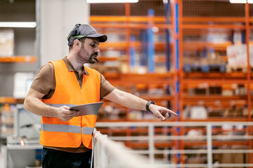 A logistics manager is controlling workers from distance with voice picker and tablet.