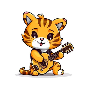 Tiger plays guitar, cartoon chibi style, AI generative illustration