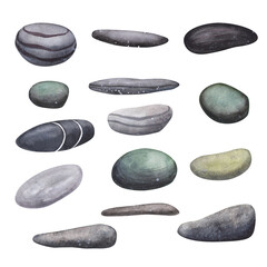 Set zen stones sea pebbles isolated on white background. Watercolor hand drawn spa composition illustration for design