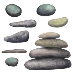 Set zen stones sea pebbles isolated on white background. Watercolor hand drawn spa composition illustration for design