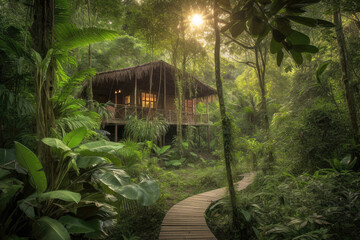 Trail to bungalow in jungles, sunrise, Generative AI