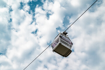 Bottom up view of cable car cabin in front of cloudy sky