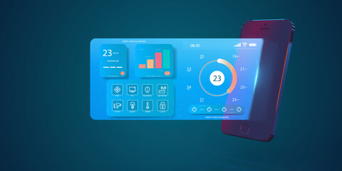 Fototapeta premium 3D Realistic Smart remote home control system app. Living room interior in background. 