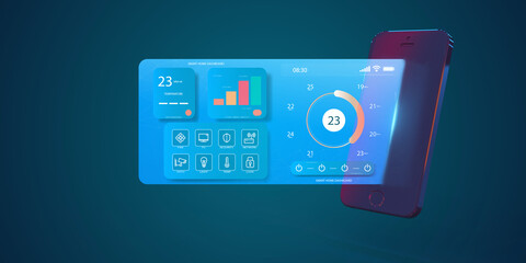 3D Realistic Smart remote home control system app. Living room interior in background.
