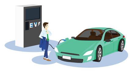 Naklejka premium Driving man in smart suit hold the coat. Walking front of Electric vehicle car green color. Electric power supply to cars by tpye two. Isolated white background.