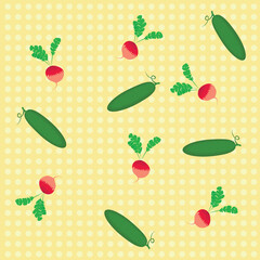 Cartoon vegetables cucambers and radish vegetarian food pattern, vector vegan yellow color background.