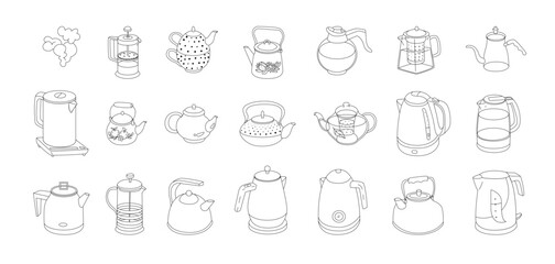 Set of 20 kettles, teapots and coffee pots. A device for boiling water and keeping beverages warm. Vector illustration. Isolated object on white background.