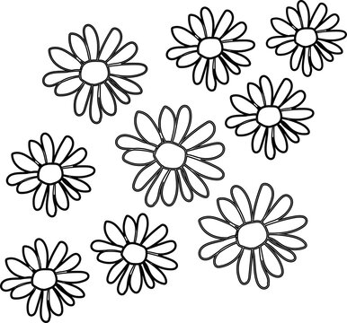 Abstract black and white hand-drawn daisy flower outline pattern.