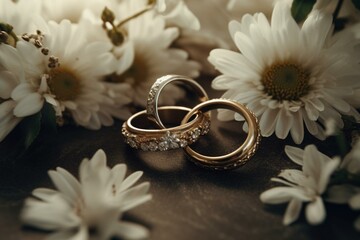 Love symbolized with rings and white flowers. Generative AI