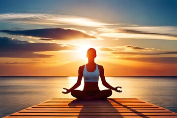 yoga on the beach at sunset, generative ai