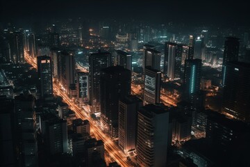 Fototapeta na wymiar Night skyline of city with illuminated buildings as seen from above. Generative AI