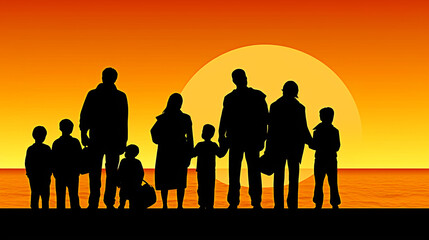 Family silhouettes at sunset on the beach. watercolor illustration for your design. Generative AI