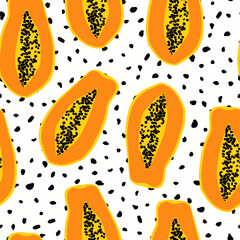 Sweet papaya cut in half. Tropical fruits chaotically create a cute seamless pattern for modern textiles. Vector.