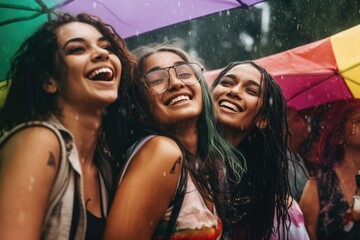 Raining onto a lgtbq gay pride rainbow flag, gay and lesbians, group people mans and womens, laughing and having fun at a festival Generative AI