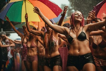Naklejka na ściany i meble Raining onto a lgtbq gay pride rainbow flag, gay and lesbians, group people mans and womens, laughing and having fun at a festival Generative AI