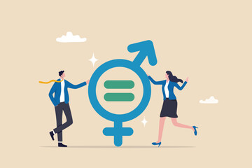 Gender equality, man and woman equal, balance and diversity in workplace, female and male employee having equal opportunity concept, businessman and woman holding gender equality symbolic.
