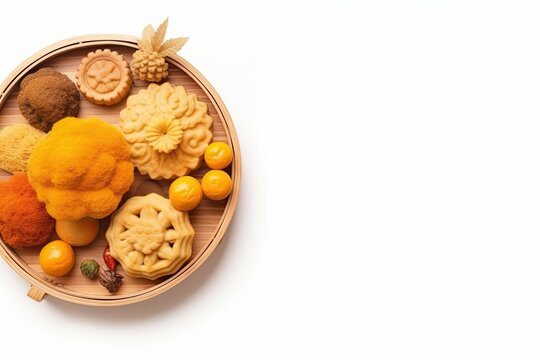 wooden serving platter with a variety of delicious foods arranged beautifully. Generative AI