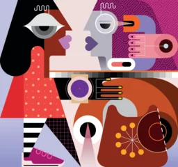 Fotobehang Abstracte kunst Geometric style vector illustration of two women calling on a retro phone. A full-length woman pulls her hand to a rotary phone, another woman holds a retro phone receiver in her hand and listens. 