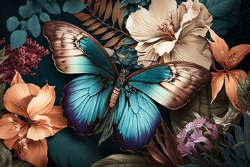 Watercolor colorful Butterfly Flowers Background, Generative AI.