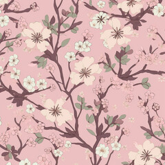 Repeating seamless pattern of delicate cherry blossoms on a soft pink background