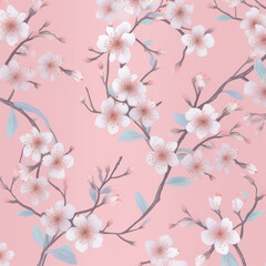 Repeating seamless pattern of delicate cherry blossoms on a soft pink background