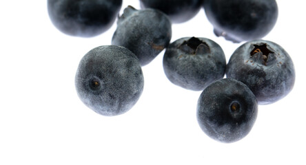 Ripe blueberries isolated on white background. Macro.