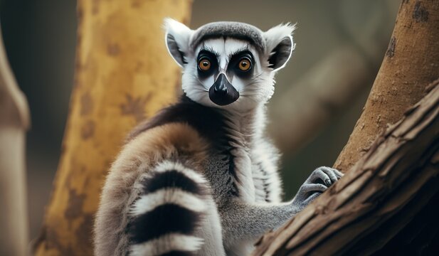 Focus is narrowed on the ring-tailed lemur as the surrounding branches and leaves blur. Generative AI