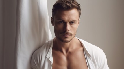 Fototapeta premium Portrait of sporty handsome strong man. Healthy athletic fitness model posing. Confident sexy fashion male with naked torso. 