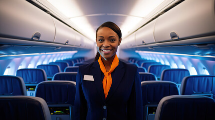 A fictional person. Smiling Stewardess on Airplane