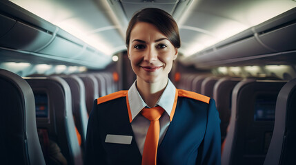 A fictional person. Smiling Stewardess on Airplane - obrazy, fototapety, plakaty