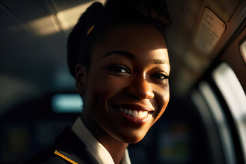 A fictional person. Smiling Stewardess on Airplane