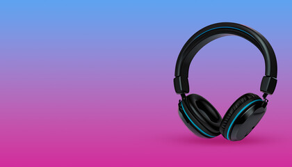 3D Rendering of Standard Black Headphones on Pink and Blue Background with IsolatedCopy Space, Attention-grabbing product advertisement,  marketing, promotion, business, technology, gadgets,
