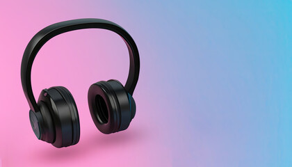 Fototapeta na wymiar 3D Rendering of Standard Black Headphones on Pink and Blue Background with IsolatedCopy Space, Attention-grabbing product advertisement, marketing, promotion, business, technology, gadgets,