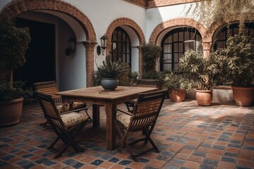 Fototapeta na wymiar A relaxing outdoor space commonly found in Spanish-style homes or restaurants. Generative AI