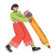 The girl with the big pencil. A young student holds a pencil. Cute funny isolated character. Cartoon style. Hand-drawn vector illustration. Drawing, writing, creation, design, blogging concept. Flat