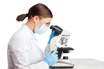 Young woman medical researcher looking through a modern microscope