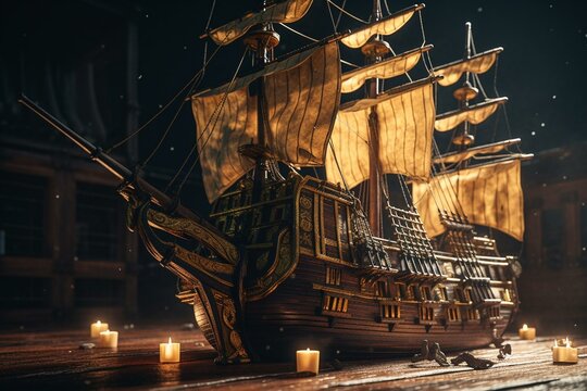 A high-quality wallpaper of a pirate's ship, perfect for cryptocurrency strategists, in 4k with CMYK color scheme. Generative AI