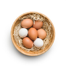 Whole chicken eggs in basket. Top view.